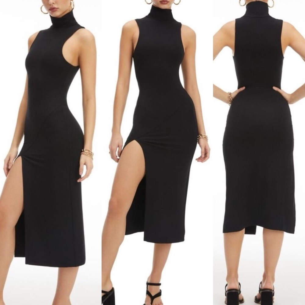 Good American Black Turtleneck Sleeveless Slit Sexy LBD Midi Dress Sz 3/L 🧡🎀